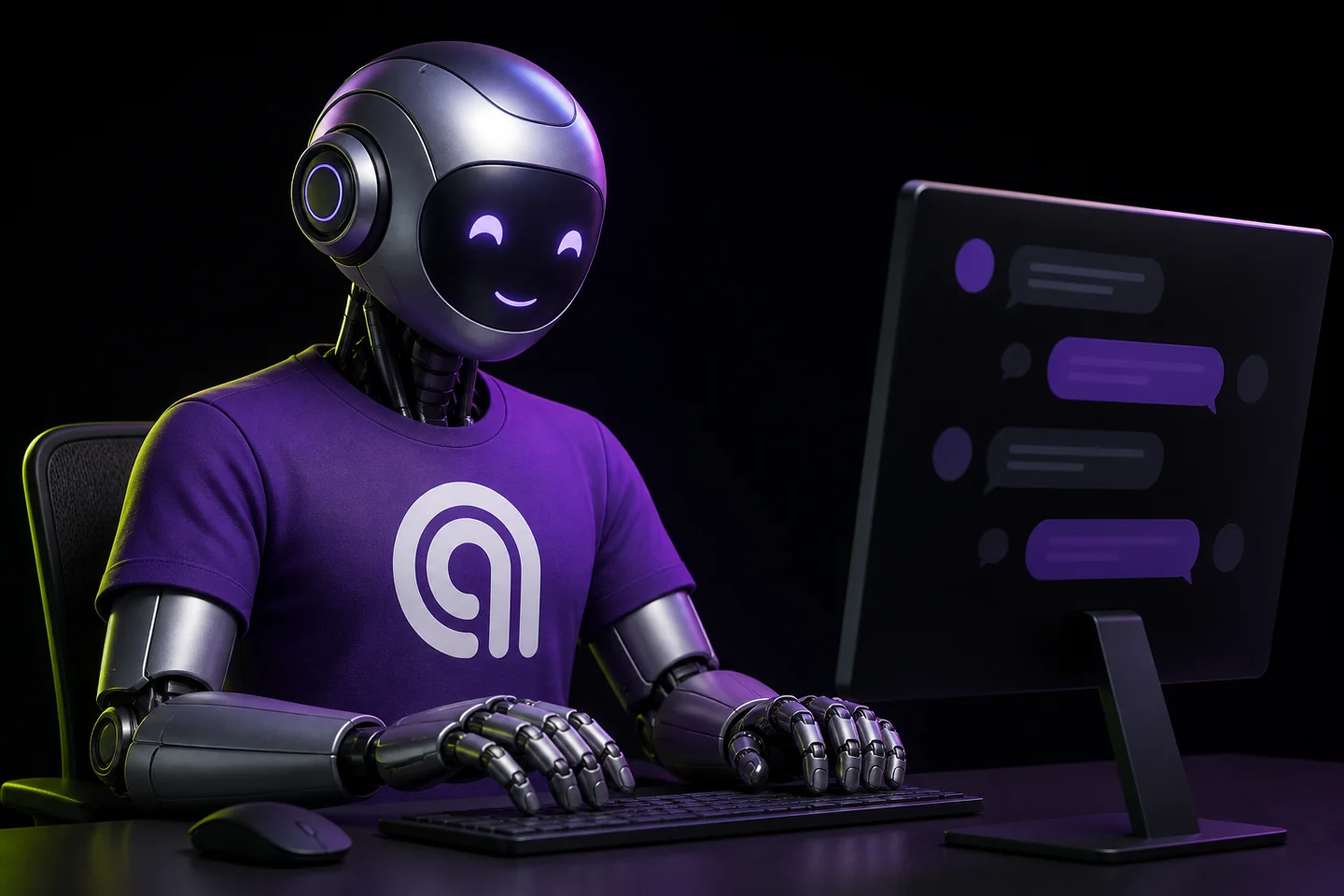 3D illustration of a robot at a computer, wearing a purple T-shirt with the Agilize logo, representing a customer-support chatbot.